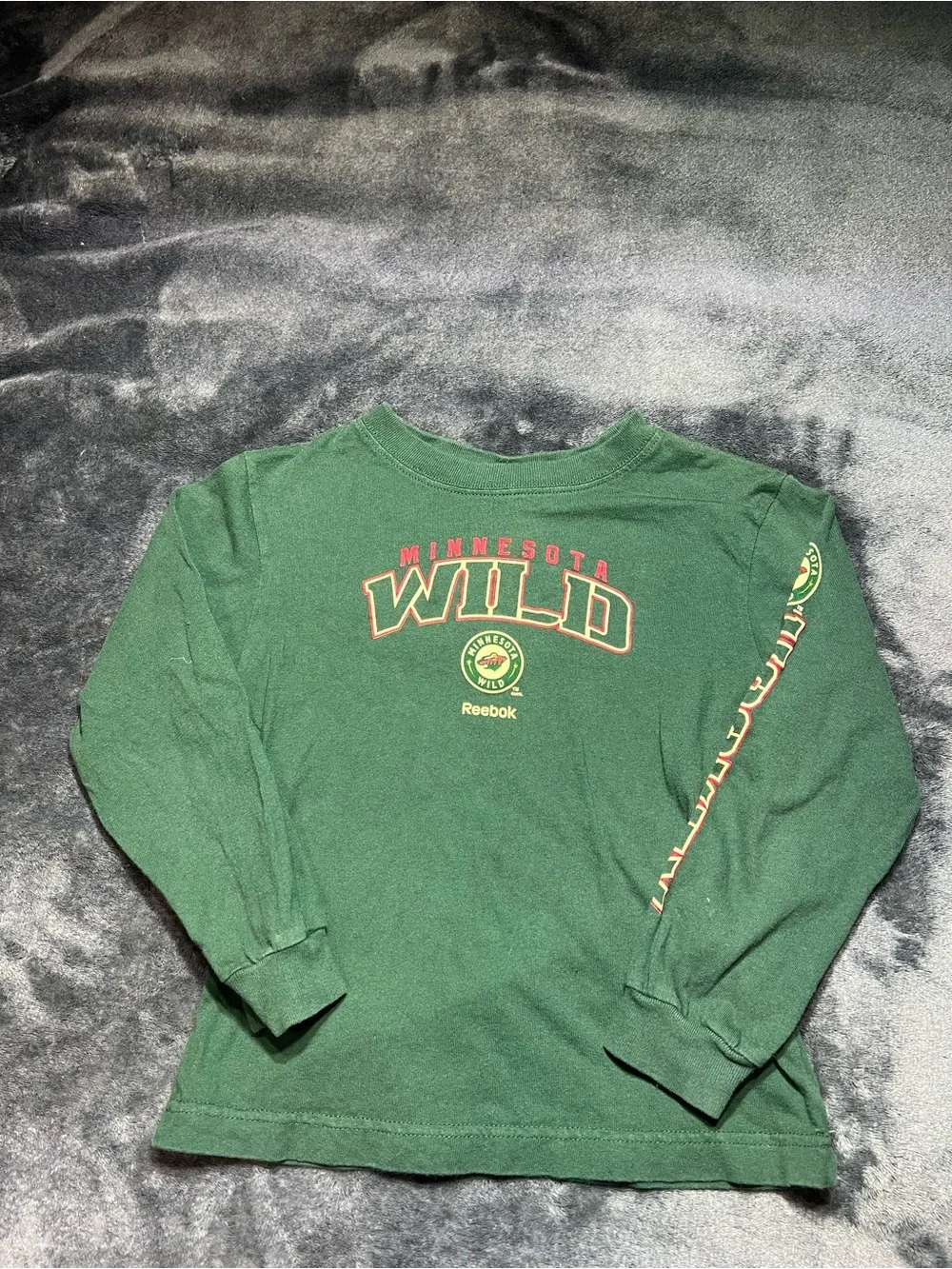 Reebok Minnesota Wild Dark Green Long Sleeve Kids Tee with Red Accents